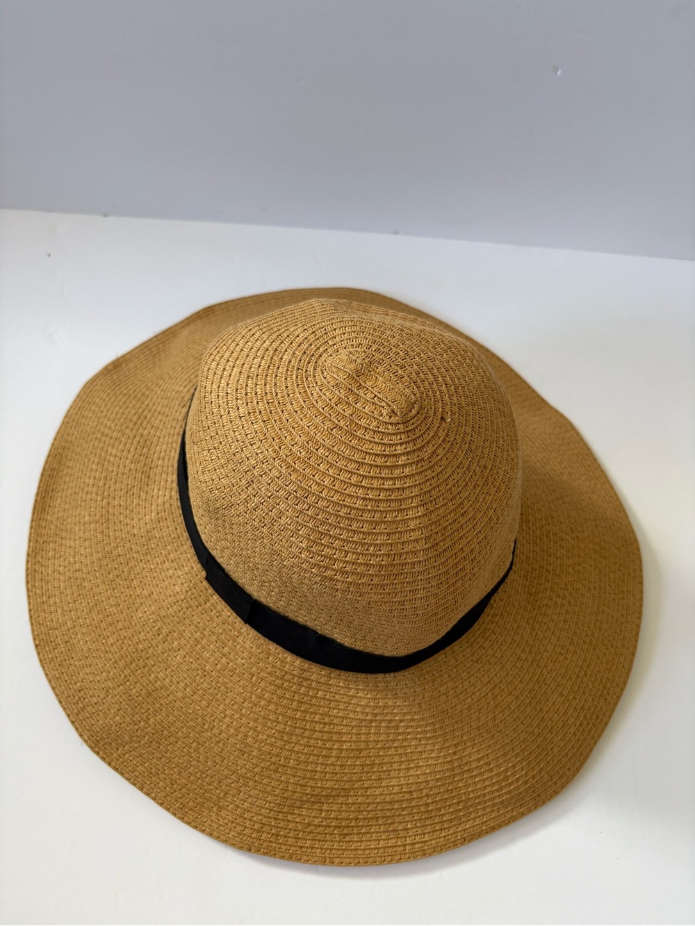 Nordstrom Straw Tan Floppy Wide Brim Hat Black Ribbon Cruise Resort Coastal Sun - Picture 2 of 5
